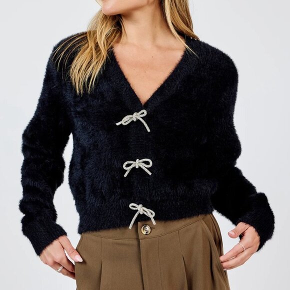 NWT -Sadie & Sage x Anthropologie Black Cardigan With Rhinestone Bows-Small - Picture 1 of 11